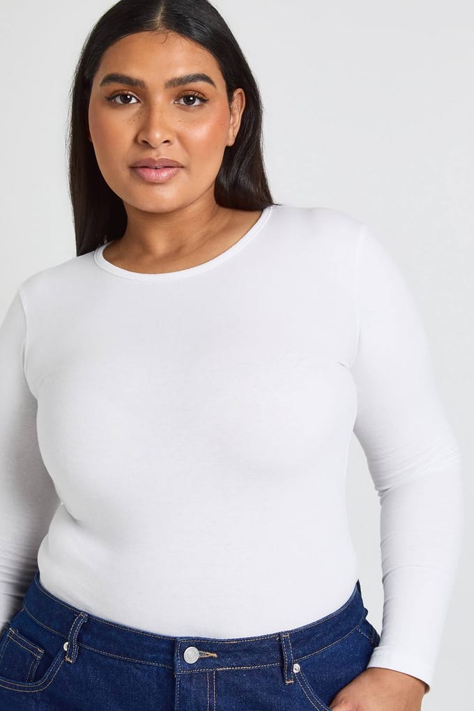 boohoo Dames Plus Basic Lange Mouwen Ronde Hals Bodysuit | Wit | Maat: 46