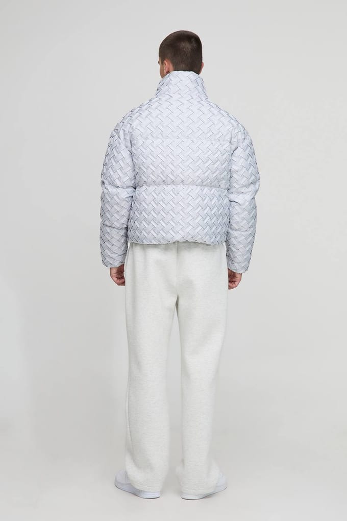 Boxy Fit Geweven Getextureerde Funnel Neck Puffer Jas | Grey | Size Medium