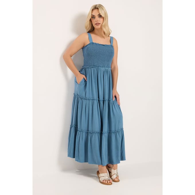Yours Blauwe Chambray Maxijurk Met Gesmokte Bandjes Size 42