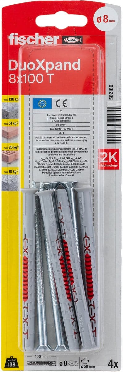 Fischer Universele Plug Duoxpand Nylon - Diam. 8x100mm - 4 Stuks