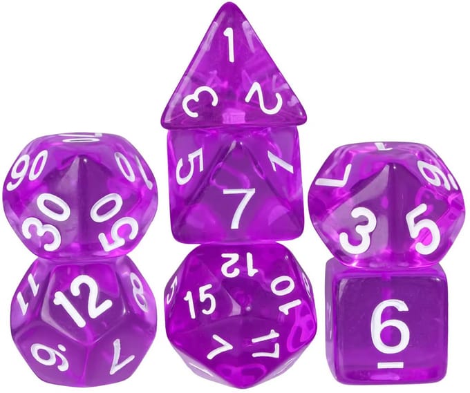 Dobbelstenen Set 7-delig – Transparant Paars D20 D12 D10 D8 D6 D4 – Voor RPG & Tafelspellen