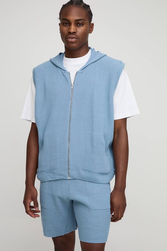 Oversized Fit Geribbelde Gebreide Hoodie met doorlopende rits en Shorts Set | Light Blue | Size Medium