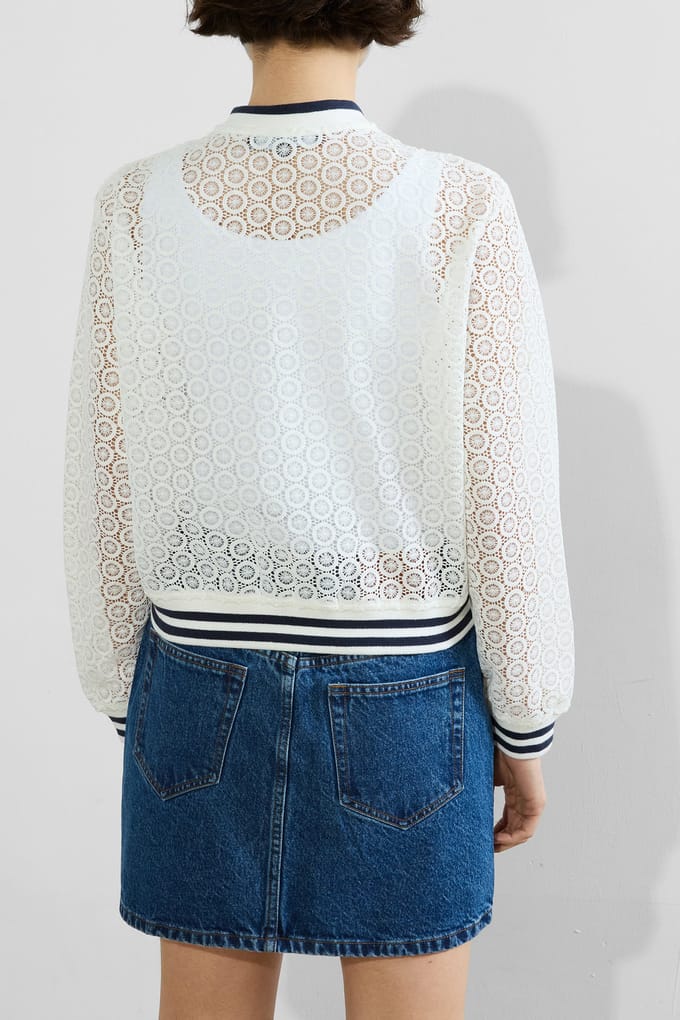 French Connection Krista Lace Mix Knit Bomber Summer White/navy Taglia: S | Bomber Outlet | Donna | Bianco