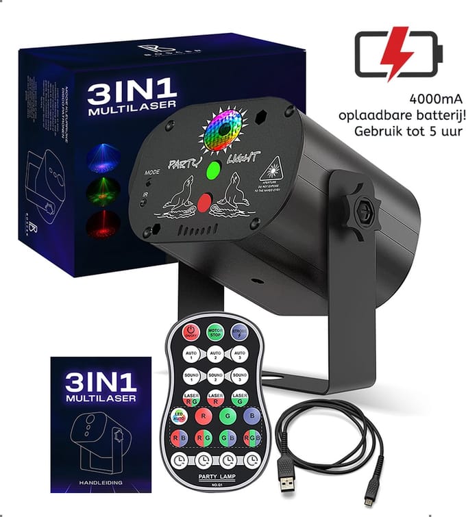 Boscer Disco Laser | 3 in 1 Multilaser | 4000mA Oplaadbare Accu | Stroboscoop & Parscoop effect | LED Disco | Party discolaser | Geluid gestuurd | Discolamp | Lichteffect