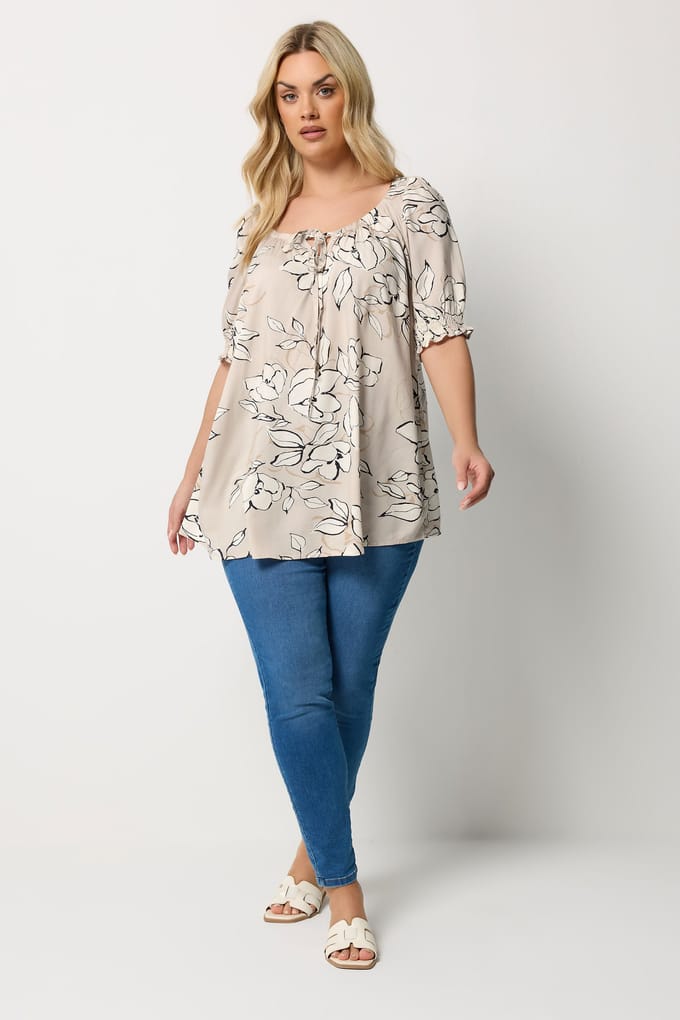 Yours Naturelbruine Blouse Met Bloemenprint En Striksluiting Size 44