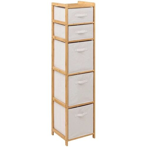 5Five Opbergkast met 5 polyester manden - 3 lagen - bamboe - beige - 35 x 33 x 144 cm