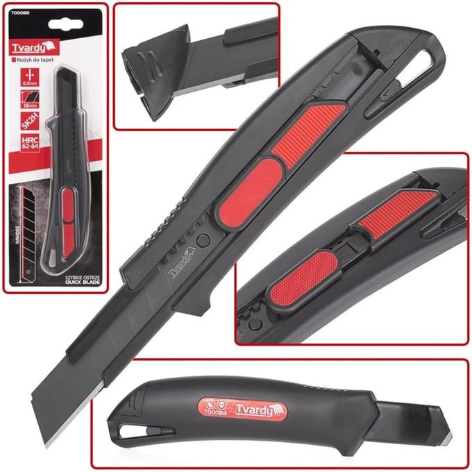 Tvardy Utility mes - intrekbaar - SK2H staal - 8 segmenten - ABS behuizing - 190 mm
