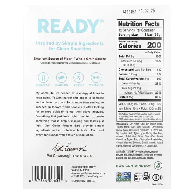 Barre protéinée Ready, Clean, chocolat noir, noix de coco et amandes, 12 barres, 50 g (53 g) Chaque