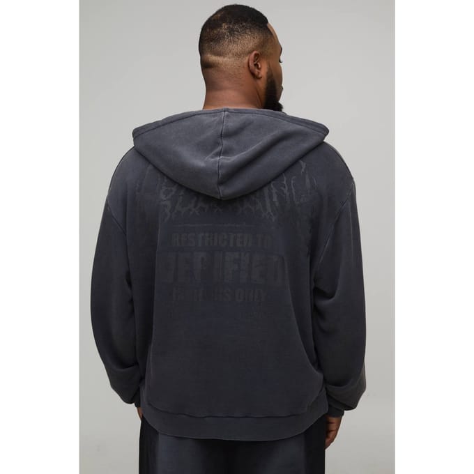 Plus Oversized Boxy Exclusieve Slogan Gothic V-hals Ruwe Zoom Bedrukte Gewassen Hoodie | Washed Black | Size 2XL