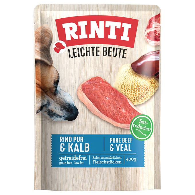 10x400g RINTI Lichte prooi puur rund & kalfs natvoer voor honden