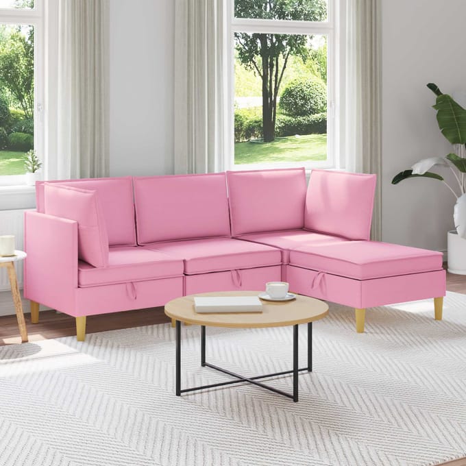 vidaXL - Modulaire - bankset - met - opslag - 4 - st - Roze - Stof