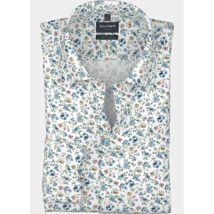 OLYMP Luxor modern fit overhemd - dobby - wit met blauw en roze bloemetjes dessin - Strijkvrij - Boordmaat: 43