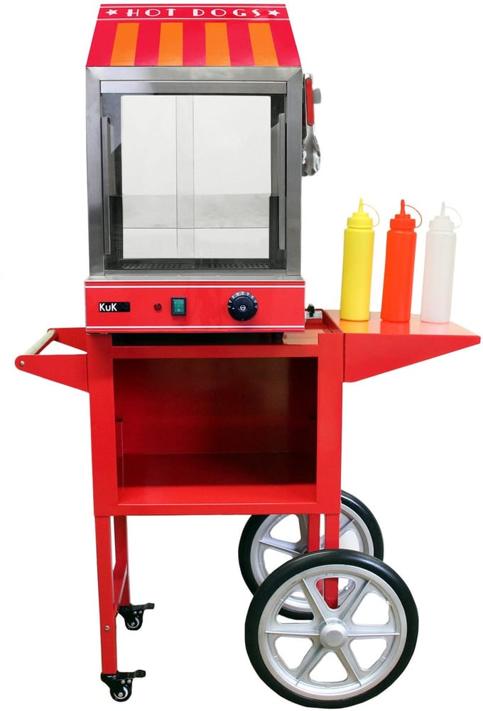Commerciële hotdogmachine met kar - rood/geel - 150cm - 100 hotdogs