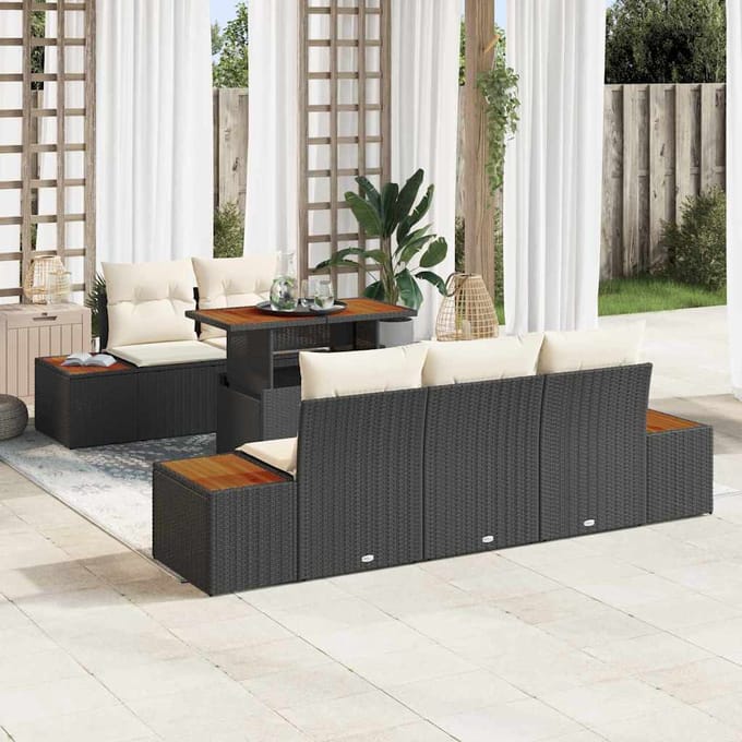 vidaXL Tuin Eettafel Set met kussen 6 pcs Zwart en Beige