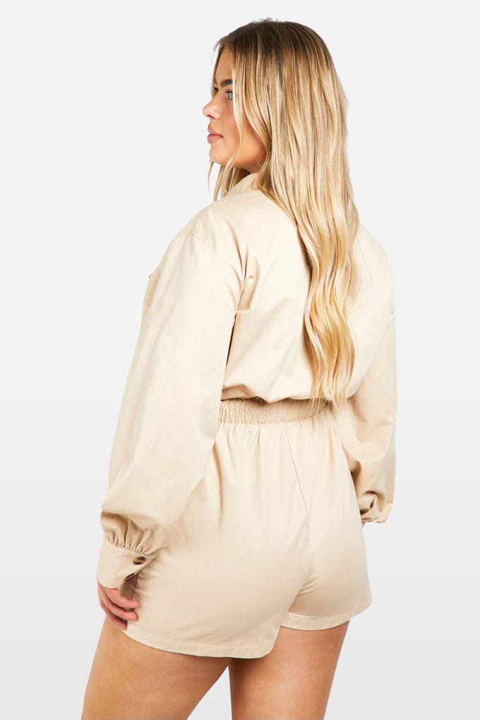 boohoo Dames Plus Utility Playsuit met Lange Mouwen | Steen | Maat: 56