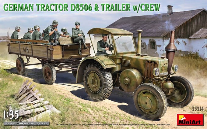 MiniArt Modelbouwpakket Landbouwvoertuigen - 35314 German Tractor D8506 - Trailer with Crew Plastic - 1:35 - Modelbouw