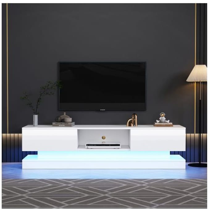 Meuble TV - MUVOE - 160x35x40.5 cm - Blanc brillant - 2 tiroirs - Éclairage LED contrôlé par application blanc