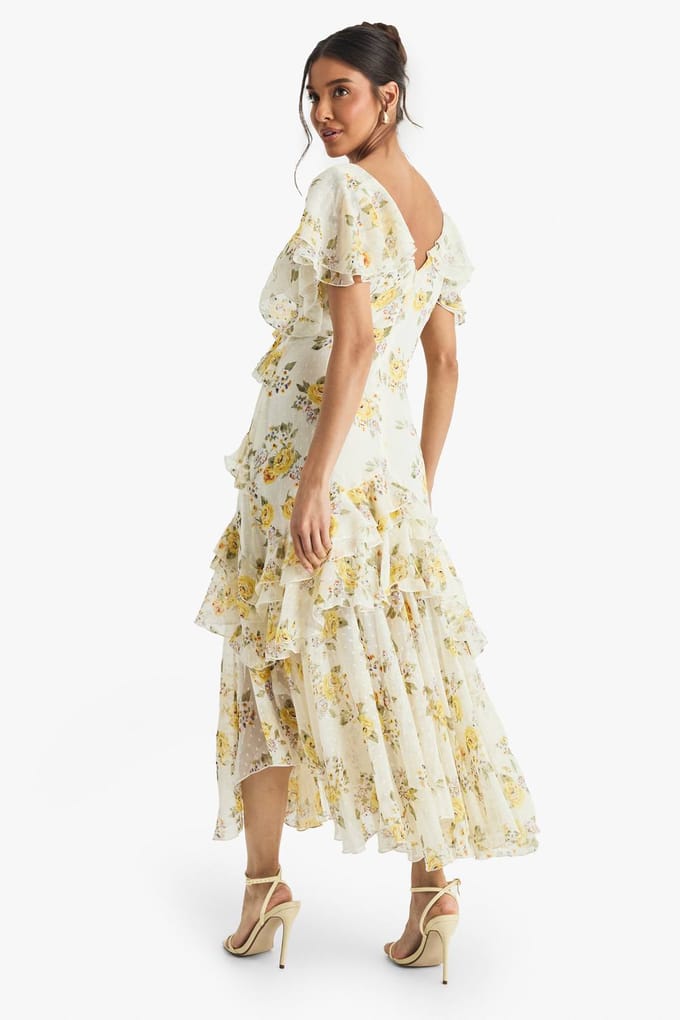 boohoo Dames Bloemen Ruffle Midi Jurk | Ivoor | Maat: 36
