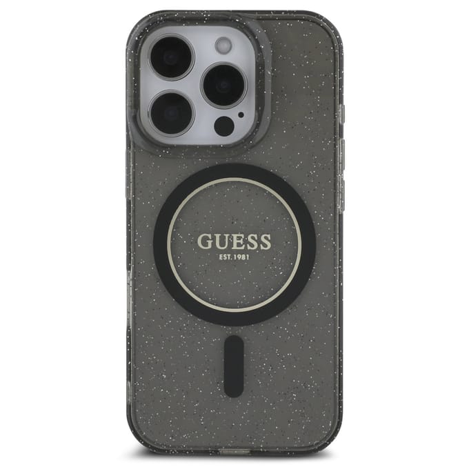 Guess MagSafe IML Glitter Case met beads strap voor de Apple iPhone 16 Pro Max - Zwart