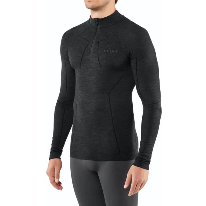 FALKE Wool-Tech Zip Neck sneldrogend wol functioneel functioneel shirt met lange mouwen heren zwart - maat M