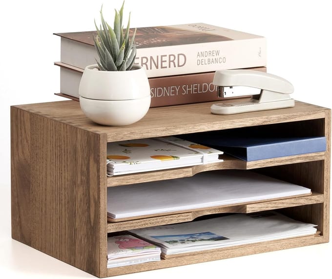 Bureau Document Organizer Stand Dienblad 3 Vakken Desktop Opbergdoos Organizer Rack Dossierverdeler Houder Donkerbruin