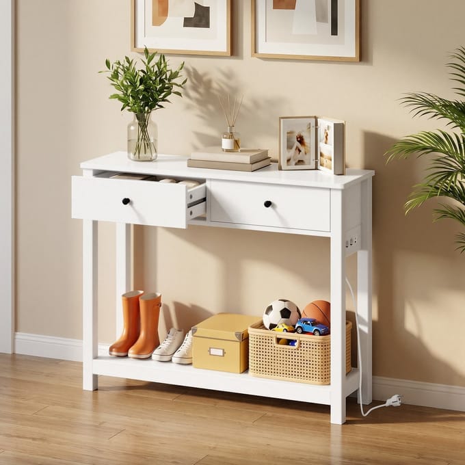 Bealife FS32 Console tafel – Met 2 laden, 2 stopcontacten, USB & Type-C – Waterbestendig – 100×30×80 cm – Wit houtnerf