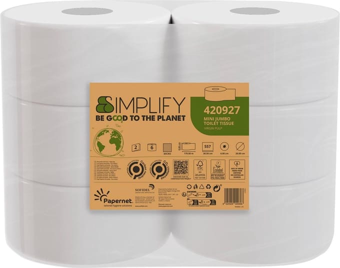 Papernet toiletpapier Simplify Mini Jumbo | 2-laags | 557 vellen | pak van 6 rollen