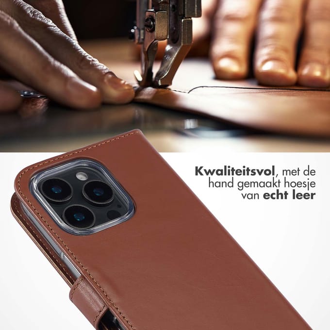 Selencia Hoesje - Geschikt voor Apple iPhone 16 Pro Max - Echt Lederen Bookcase - Lichtbruin