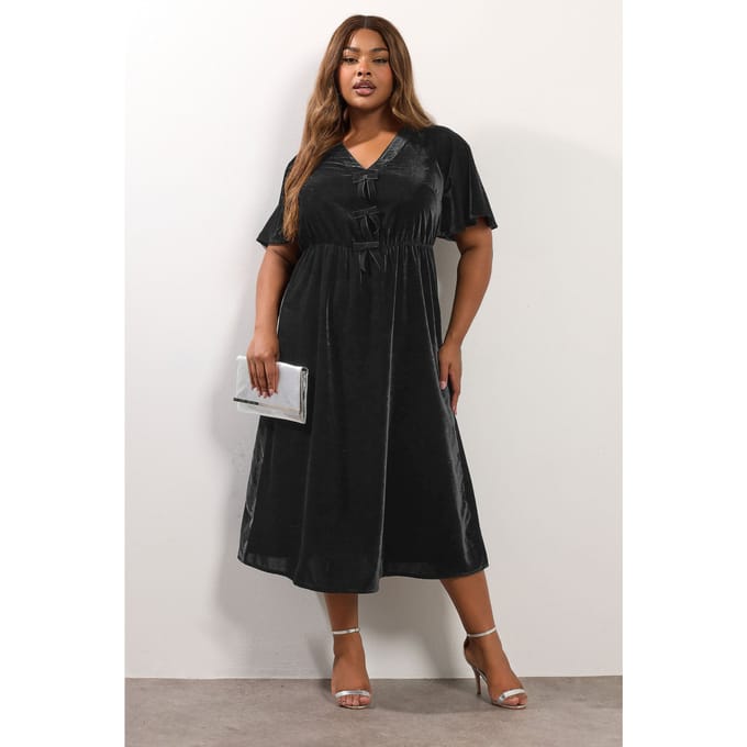 Yours Zwarte Fluwelen Maxijurk Met Strik Aan De Voorkant Size 48