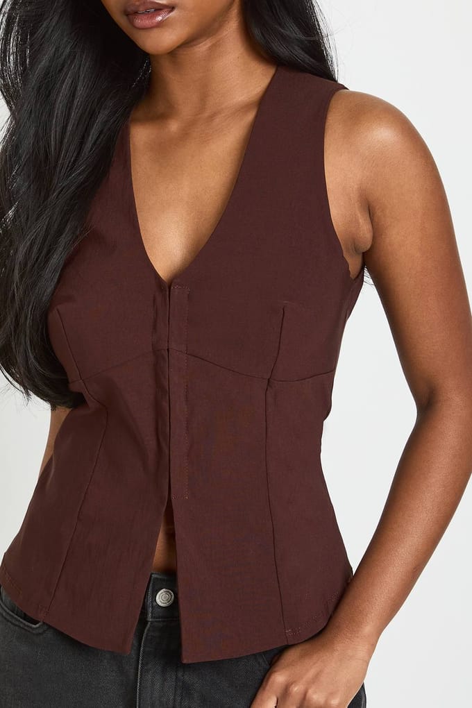 boohoo Dames Bengaline Gilet Met Haaksluiting | Chocoladebruin | Maat: 40