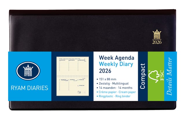 Agenda 2027 Ryam Compact Suprema 7dagen/2pagina's ringplastic zwart