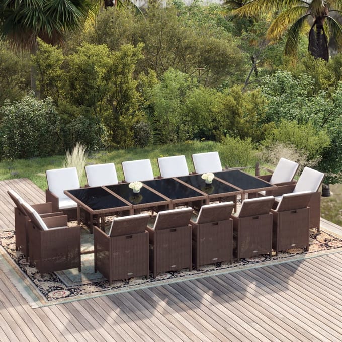 vidaXL - 15-delige - Tuinset - met - kussens - poly - rattan - bruin