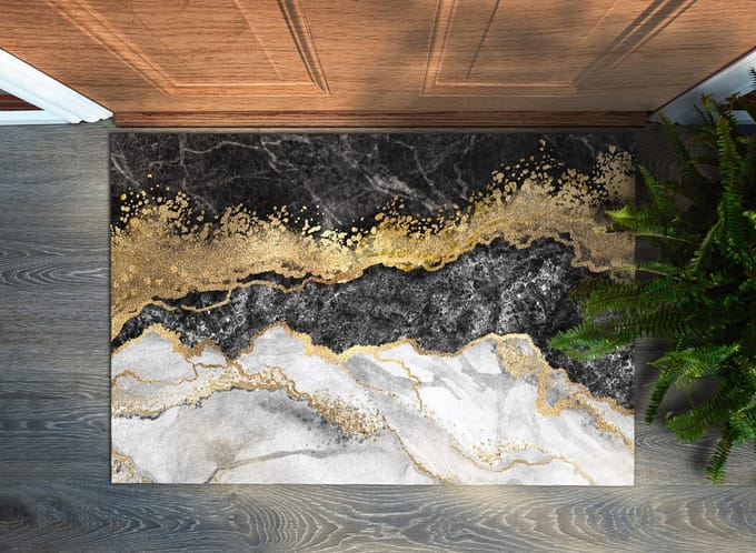 Coloray Deurmat voor binnen - Gouden Wasbare Deurmat - Gouden Marmer Schoonloopmat - Antislip Onderkant Deurmat - Deurmat Met Print - 90x60 cm