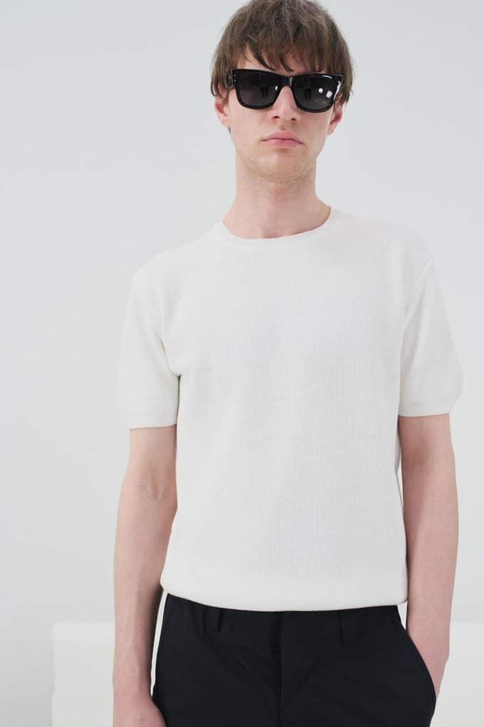 Geribbelde Crew Neck Katoenen T-Shirt