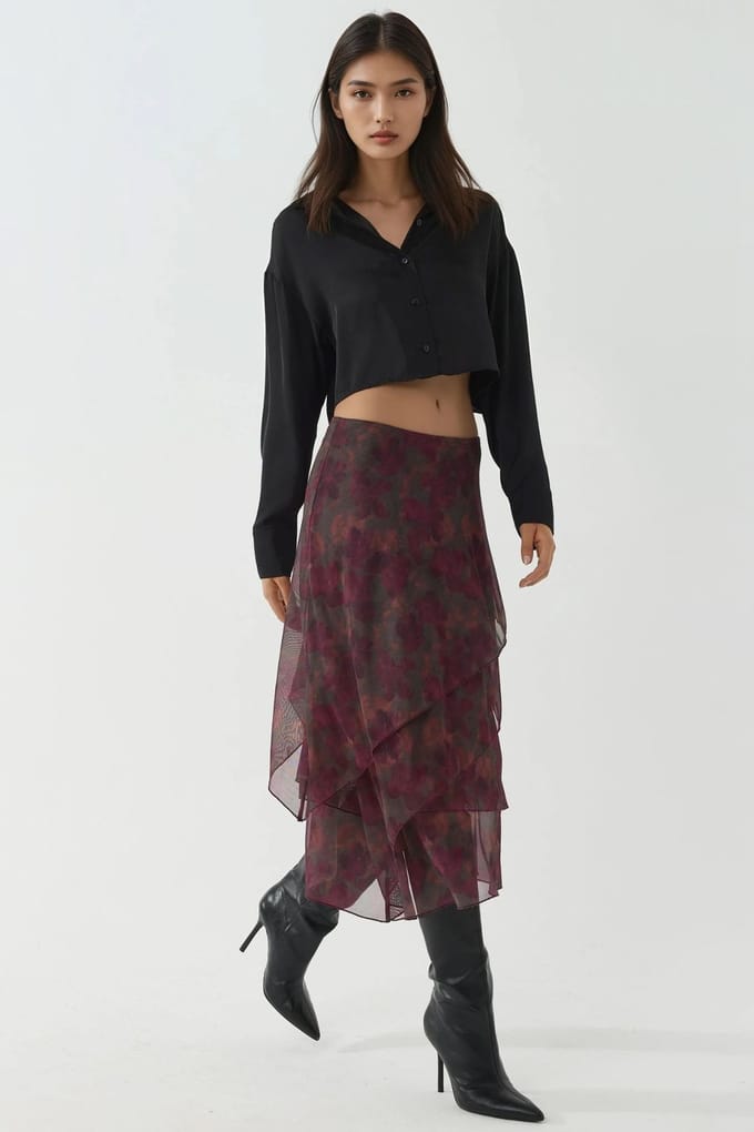 Hoge Taille Midi Rok met Bloemenprint