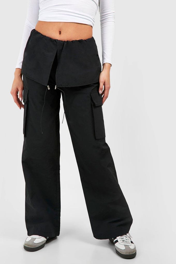 boohoo Dames Parachutebroek met overlay tailleband | Zwart | Maat: 42