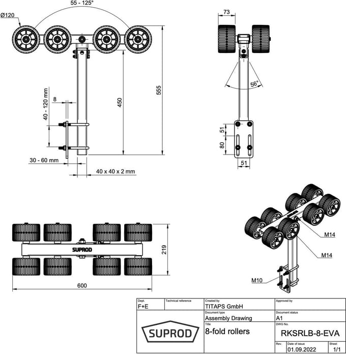8-voudige Rolset voor Bootstrailers met EVA Banden 120 mm