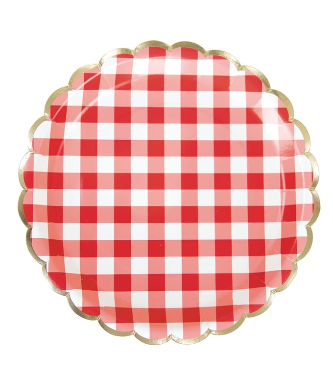 PARTYPRO - 8 geschulpte borden van rood-wit geruit karton 23 cm