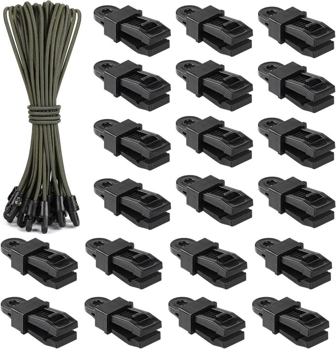 Pack van 20 Stretch Rubbers en Clips voor Zeilen, Tent, Camping en Banners - 25 cm Groen