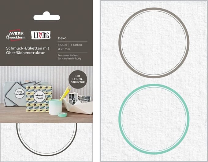 LIVING 8x sieradenlabels Ø 73mm linnenstructuur