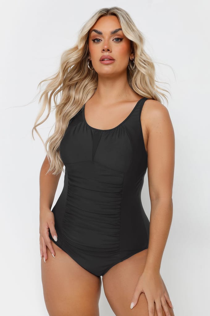 Yours Zwart Badpak Met Ruches, Mesh En Buikcorrectie Size 42