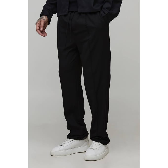 Tall Straight Fit Smart Elasticated Pintuck Trousers | Black | Size Small