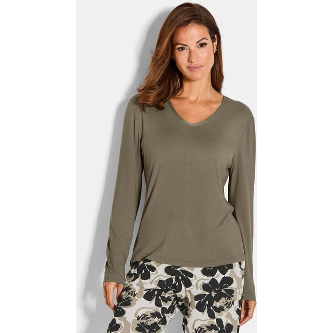 Pyjamashirt van viscose - kaki - Gr. 48 van Goldner Fashion