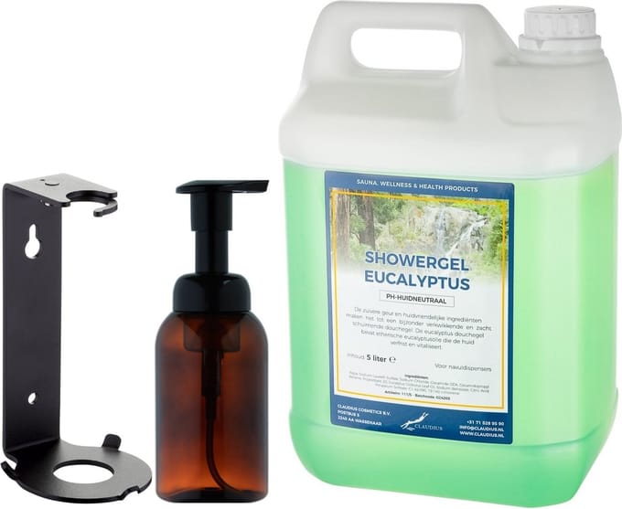 Zeepdispenser 300 ml amber bruin hervulbaar + 5 liter Showergel Eucalyptus navulling (inclusief beugel)