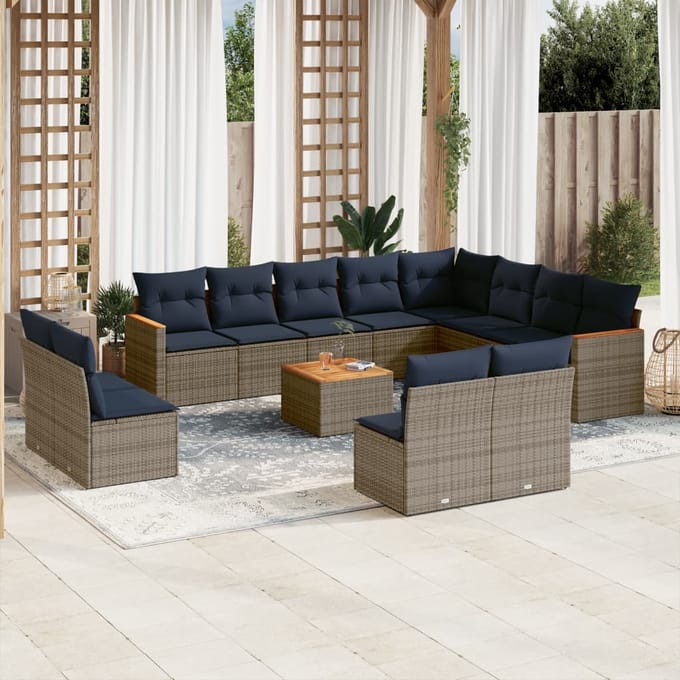 vidaXL - 13-delige - tuinbankset - met - kussens, - grijs - polyrotan