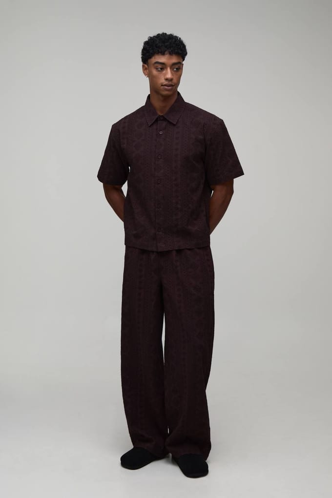 Cotton Embroidered Oversized Boxy Shirt & Extended Drawcord Baggy Trouser Set | Chocolate | Size Medium