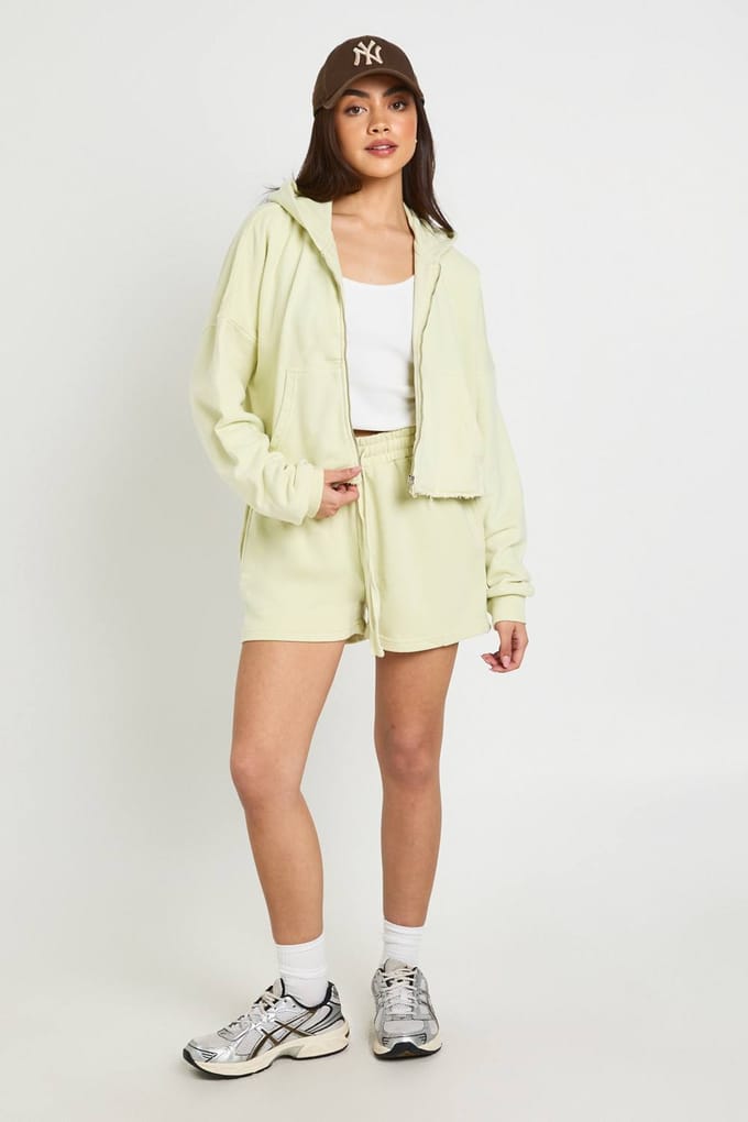 boohoo Dames Gewassen Loopback Trainingspak Met Korte Broek En Distressed Zoom | Verstandig | Maat: XS