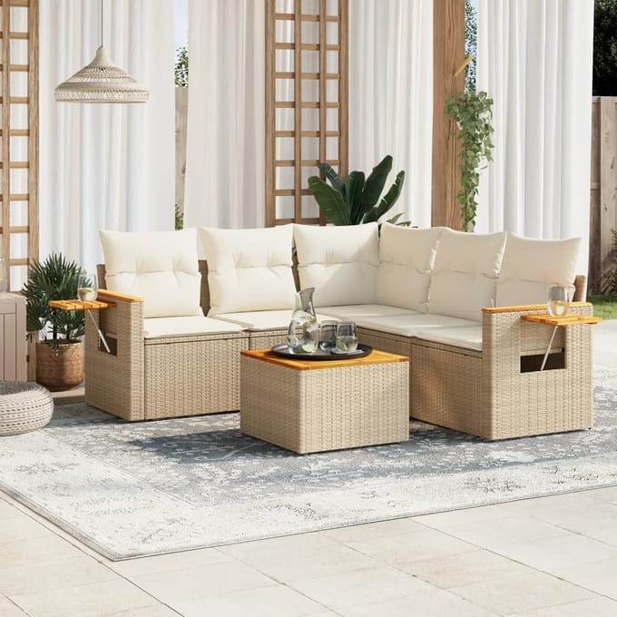 vidaXL - 6-delige - Loungeset - met - kussens - poly - rattan - beige