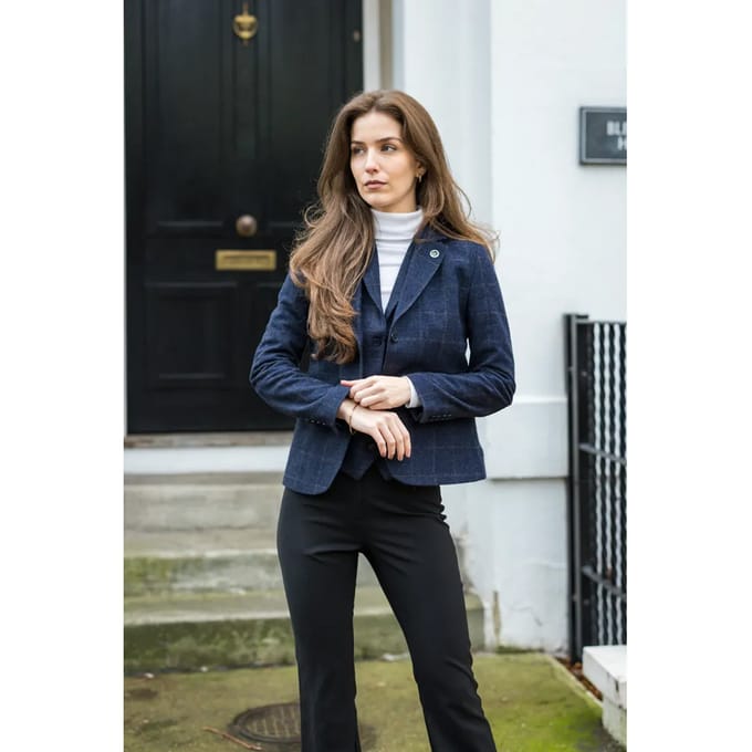 Marineblauwe getailleerde 2-delige set voor dames met tweed formeel blazervest