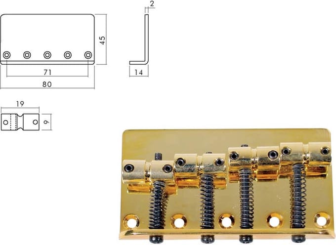 Boston BB-104-G Brug-Staartstuk voor Jocker/Puncher Basgitaren - 19mm Pitch, Goud